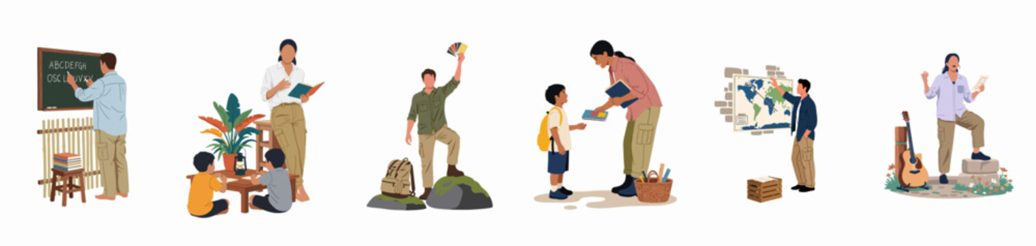 Flat Vector Illustration Set of Volunteer Teachers and Educators Conducting Diverse Lessons and Activities with Children in Rural or Outdoor Settings