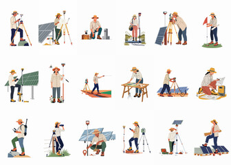Fototapeta premium Comprehensive collection of flat illustrations depicting male and female land surveyors and engineers using specialized equipment for renewable energy and land development projects.