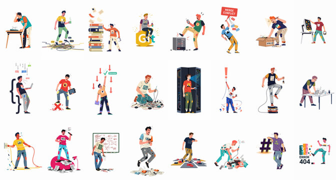 A collection of 21 cartoon illustrations depicting a software developer's frustrations, including coding errors, merge conflicts, server issues, and high-stress workplace situations.