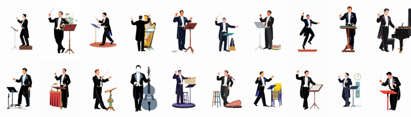 Large collection of male orchestra conductors and classical musicians in tuxedos, shown in various poses with instruments and music stands on white background. © ananda