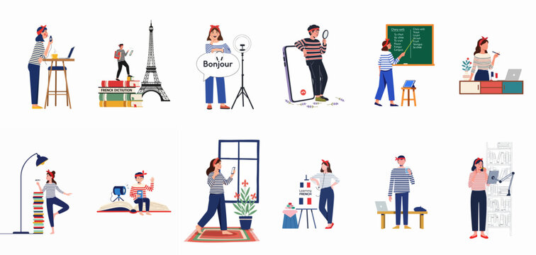 Flat vector illustration set showing various people learning the French language through online courses, mobile apps, and classroom study methods.