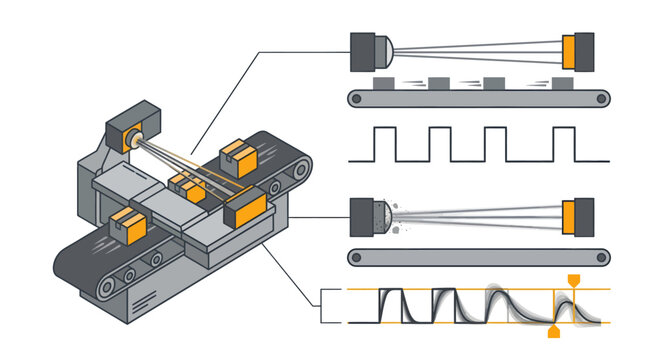 Infographic of industrial conveyor belt sensor signal attenuation and digital wave pulses diagram