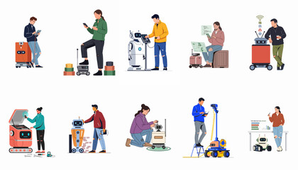 Fototapeta premium Collection of flat illustrations showing people interacting with robots for programming, engineering, maintenance, and everyday assistance in a modern technological setting.