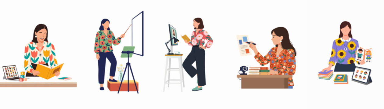 Flat vector illustration set of female teachers conducting online classes, remote learning sessions, and distance education for students using various digital devices.