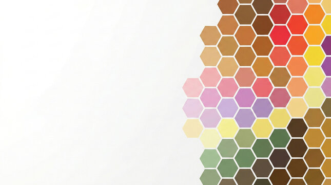 Abstract minimalist geometric hexagon pattern with colorful honeycomb grid on the right side and clean white copy space background representing creative design mosaic color palette chart horizontal