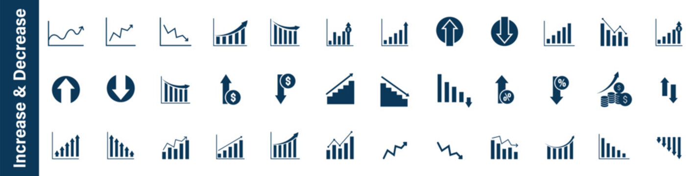 Line growth and decrease icon set. growth up and down. Profit and loss icon. Up and down graph chart vector icon set. growth increase and decrease sign. upward or downward trend bar chart icon. 