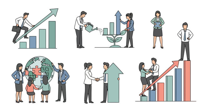 Business professionals engaged in enterprise planning and growth strategies with graphs and charts illustrations.