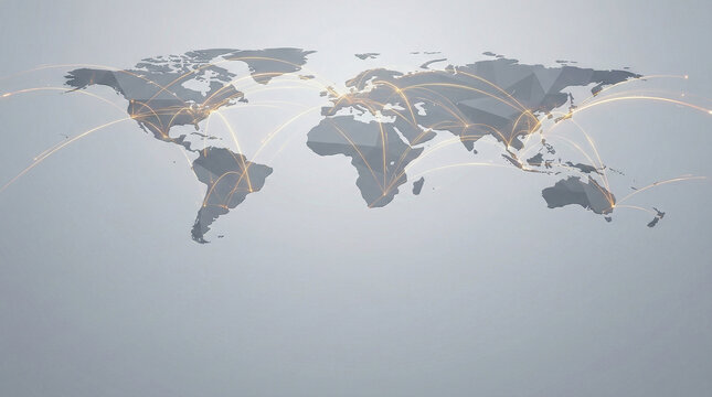 Abstract low poly world map with glowing golden global connection lines flight paths or network communication links on a clean grey background with copy space representing international business