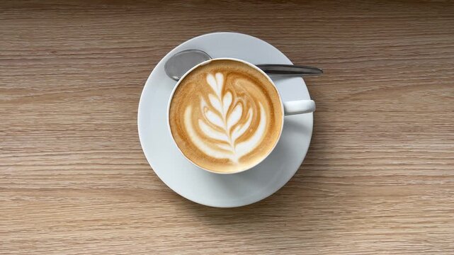 Top view of hot coffee with latte art isolated on wooden table. white mug or cup. Grey, gray. Spoon. flat lay. high angle, above. close up. brown. cafe, coffee shop, restaurant.
