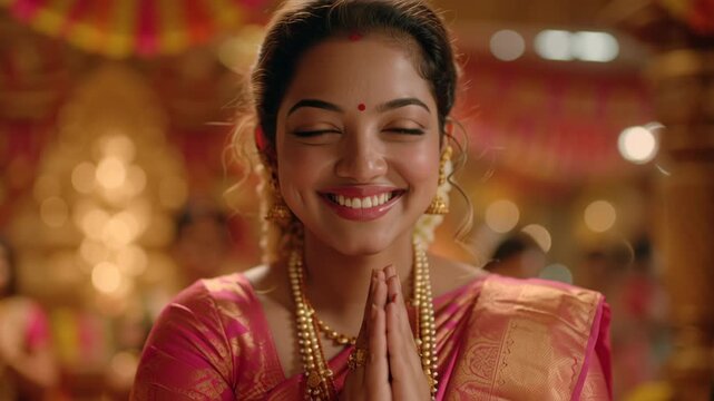 Happy South Indian woman smiling and praying with folded hands during a traditional festive celebration.