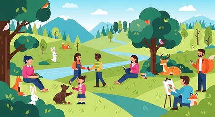 Naklejka premium Children enjoying a sunny day at a park with a pond.