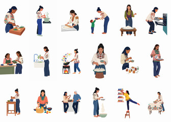 Fototapeta premium Illustrated set of women in traditional attire performing various culinary tasks, including baking, chopping, and preparing traditional dishes in a kitchen setting.