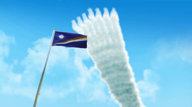Marshall Islands Flag 3D Render Animation on Pole with Fighter Jets Smoke Trails in Blue Sky - Low Angle View