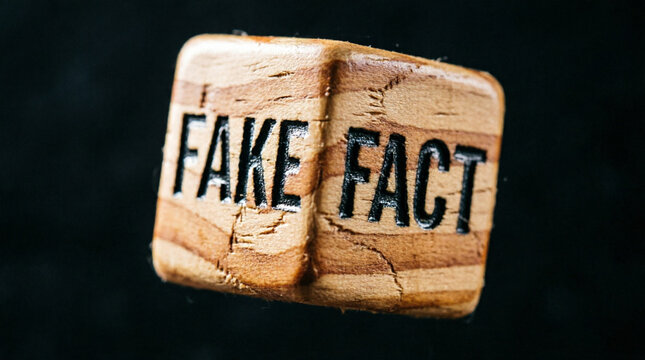 Conceptual media literacy illustration featuring wooden fake fact block inspiring data verification journalism digital honesty and corporate safety marketing web banner