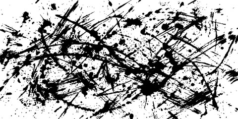 Obraz premium Abstract black ink splatter on white canvas, an expression of raw energy and chaotic beauty, creating a visually striking and dynamic composition.