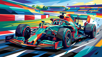 Formula one racing car speeding on track with vibrant scene and grandstand ideal for sports, racing, and speed concept. © se