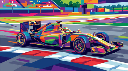 Artistic painting of a formula one racing car on a speed track with geometric shapes. Suitable for sports, automotive, and abstract design projects. © se