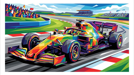 Geometric race car track with grandstands under a bright, sunny polygon art sky. Suitable for sports event promotion materials. © se
