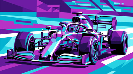Purple cyan f1 race car illustration for miami grand prix, perfect for sports events, posters, banners, social media, and websites. © se