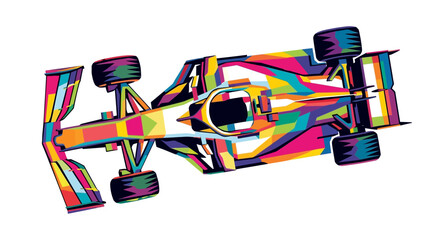 Naklejka premium Formula one racing car illustration in pop art style with a bright and vibrant design. Perfect for sports and automotivethemed projects.