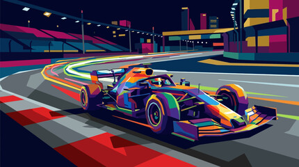 Formula one race car at night on the jeddah corniche circuit track. Ideal for sportsthemed designs or race car enthusiasts. © se