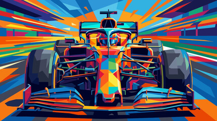 Geometric race car shapes on vibrant abstract speed track design art. Great for automotive marketing materials, sports events, and backgrounds. © se
