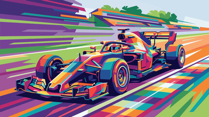 Formula one racing car speeding on a track in a digital pop style suitable for sports events and automotive designs. © se