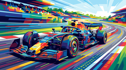 Abstract style art of a formula one racing car speeding on a vibrant track with grandstands and spectators. Suitable for sports designs. © se