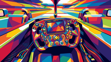 Naklejka premium Geometric abstract art of a formula one cockpit steering wheel interior. Ideal for sports events marketing and graphic design projects.