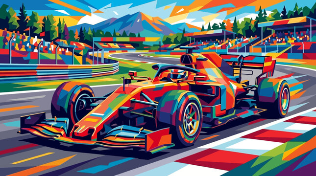 Vivid geometric formula one race car zooming through a vibrant mountain landscape in abstract art suitable for sports or racingthemed designs.