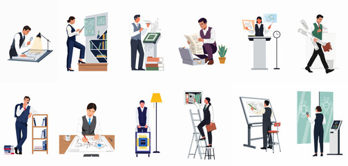 Fototapeta premium Collection of illustrations featuring patent attorneys and engineers working on technical designs, blueprints, and intellectual property law in a classic formal office style.