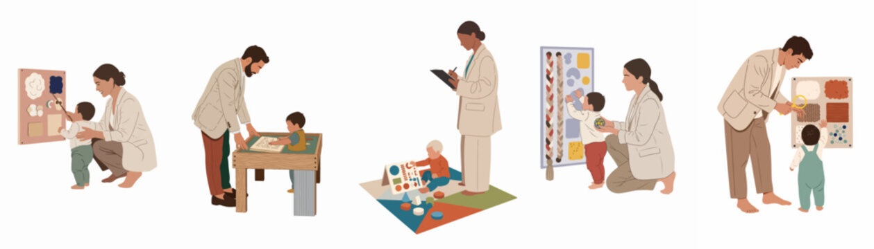 Diverse set of flat illustrations showing adults and toddlers in early childhood sensory development, Montessori learning, and educational play environments.