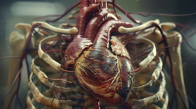 Detailed anatomical human heart ribcage arteries veins sternum thoracic cavity cardiovascular system