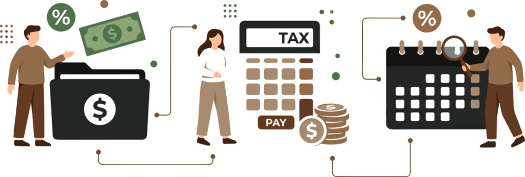 Tax preparation banner vector concept showing people calculating financial documents, checking calendar deadlines, and paying.