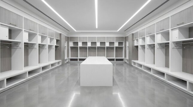 Modern Empty Locker Room with White Benches and Lockers in a Symmetrical Design.
