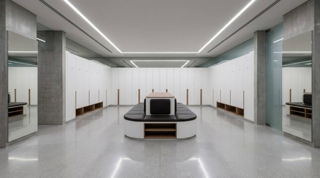 Modern minimalist changing room interior with sleek design and ample space.