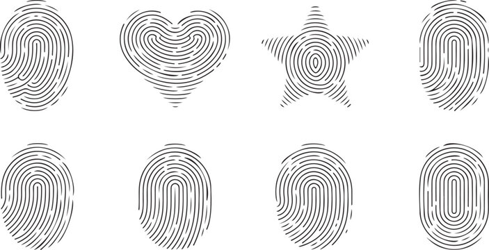 Set of fingerprint icons, collection of human finger print silhouettes, unique identification marks, biometric security, vector illustration