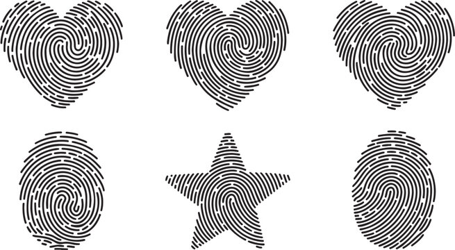 Set of fingerprint icons in different shapes, heart, star and oval, black and white vector illustration for identity and security concepts