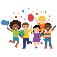 Fototapeta premium Diverse group of happy school children celebrating with balloons and a globe children diversity