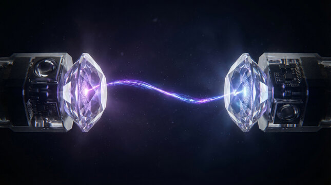Two Futuristic High Tech Laser Devices Transmitting Glowing Purple and Blue Quantum Energy Laser Beam Through Diamonds Over Dark Space Background, Advanced Cryptography and Science Technology Concept