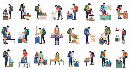 Fototapeta premium Collection of flat vector illustrations of people preparing for hiking, organizing camping gear, packing backpacks, and planning outdoor adventures and trekking trips.