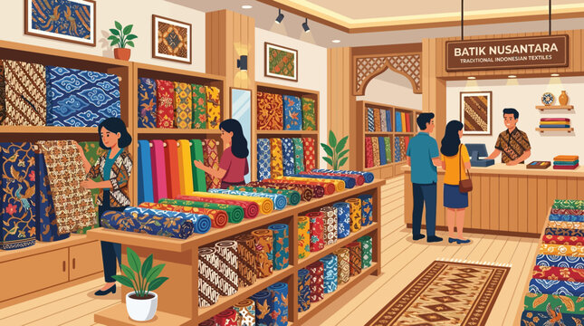 Batik textile boutique in Indonesia, rows of colorful traditional fabrics, flat vector illustration, modern clean design, cultural commerce theme.