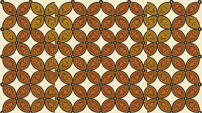 Symmetrical Kawung batik pattern, four-petaled floral motif, traditional Indonesian textile design, flat vector illustration, earthy colors, seamless and clean.