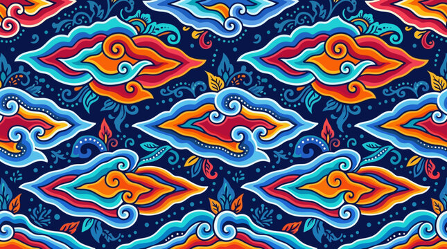 Vibrant Mega Mendung cloud motif from Cirebon, traditional Indonesian batik pattern, flat vector illustration, shades of blue and white, seamless cultural artwork.