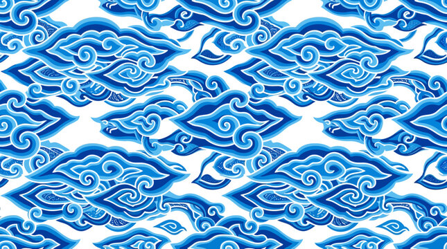 Vibrant Mega Mendung cloud motif from Cirebon, traditional Indonesian batik pattern, flat vector illustration, shades of blue and white, seamless cultural artwork.