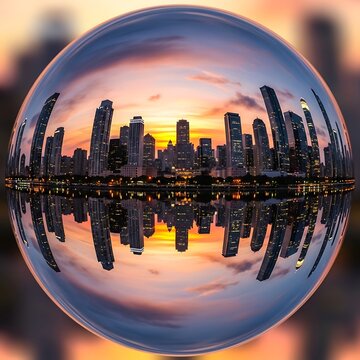 City skyline with skyscrapers at dusk reflected in glass sphere.