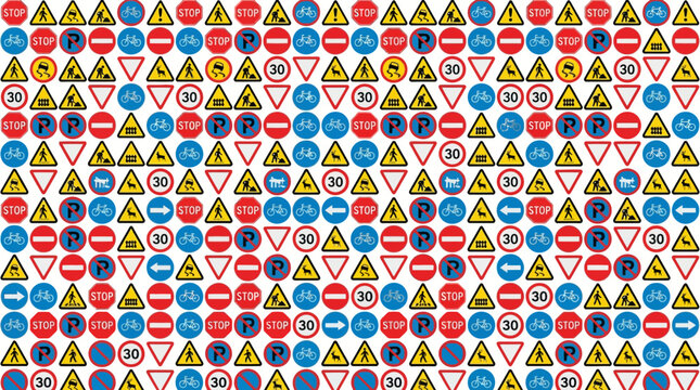 Seamless pattern of international traffic signs and transportation symbols, flat vector illustration, colorful icon background, editable vector, modern clean design, vibrant color palette, white backg