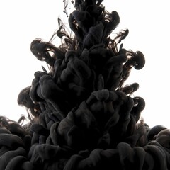 Fototapeta premium Dense black ink plume expanding upwards with complex smoke like textures on white background.