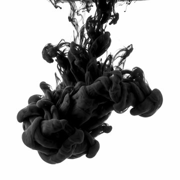 Black ink cloud swirling in clear water forming elegant abstract shapes against white backdrop.