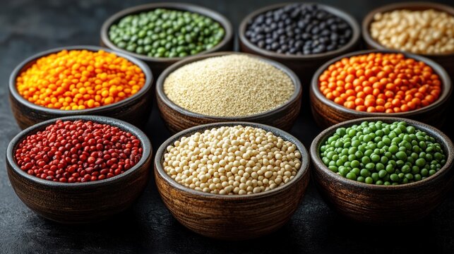 Assorted legumes and grains in small bowls